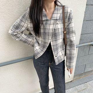 Long-sleeve Plaid Tweed Jacket As Shown In Figure - One Size
