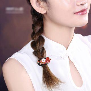 Flower Faux Gemstone Hair Tie Black & Gold & Orange Red - One Size