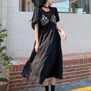 Short-sleeve Embroidered Panel Midi Dress