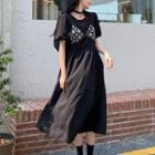 Short-sleeve Embroidered Panel Midi Dress