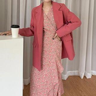 Double-breasted Blazer / Spaghetti Strap Floral Print Midi Dress