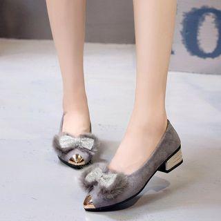 Bow Accent Furry Chunky-heel Pumps