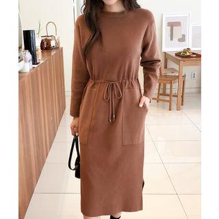 Drawstring-waist Slit-hem Knit Dress