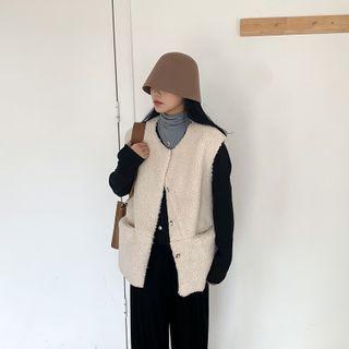 Fleece Button-up Vest Off-white - One Size