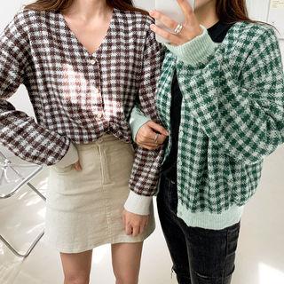 V-neck Gingham Cardigan