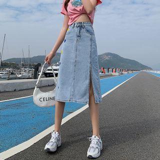 Heart Embroidered Side-slit Denim Pencil Skirt