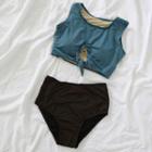 Knotted Two-tone Tankini Set Sky Blue - One Size