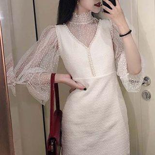 Puff-sleeve Lace Top / Tweed Pinafore Dress