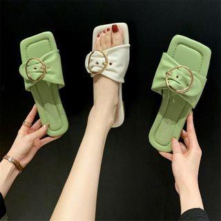 Square-toe Round Buckled Slide Sandals