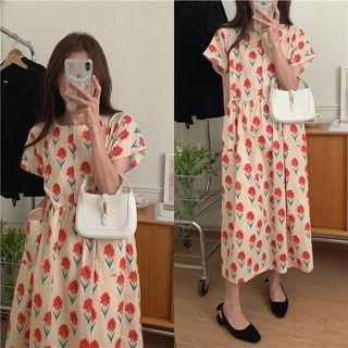 Short-sleeve Floral Midi A-line Dress Red & Green & Almond - One Size