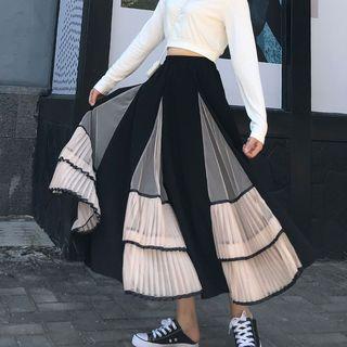 Mesh Panel Accordion Pleat Maxi Skirt