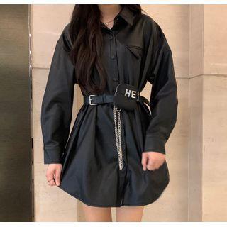 Set: Long-sleeve Plain Shirt Dress + Waist Bag