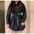 Set: Long-sleeve Plain Shirt Dress + Waist Bag