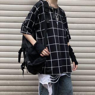 Plaid Elbow-sleeve T-shirt As Shown In Figure - One Size