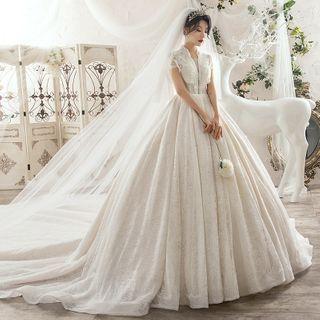 Cap Sleeve Lace Panel High Waist Embroidered Wedding Ball Gown