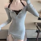 Mock Two-piece Long-sleeve Cold Shoulder Lace Trim Mini Bodycon Dress