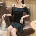 Cold-shoulder Mini Sheath Dress Black - One Size