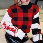 Lettering Embroidered Color-block Plaid Long-sleeve Knit Top