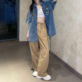 Short-sleeve Floral Embroidered Denim Shirt / Wide Leg Pants