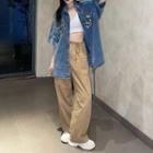 Short-sleeve Floral Embroidered Denim Shirt / Wide Leg Pants