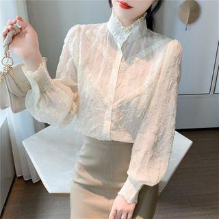 Lantern-sleeve Frill Trim Stand Collar Chiffon Shirt