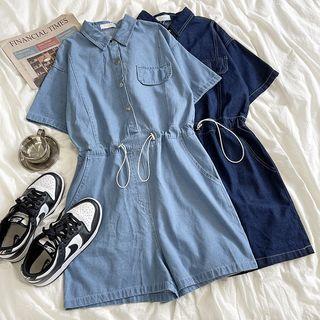 Short-sleeve Drawstring Denim Jumper Shorts