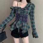 Cold Shoulder Plaid Shirt As Shown In Figure - One Size