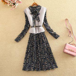 Set: Floral Print Long-sleeve A-line Dress + Vest