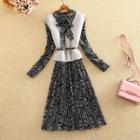 Set: Floral Print Long-sleeve A-line Dress + Vest