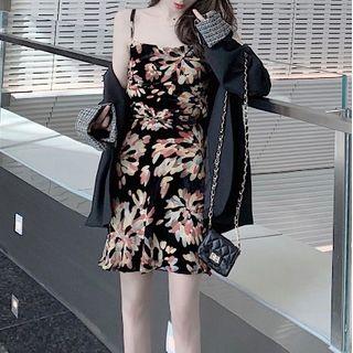 Printed Spaghetti Strap Mini Shift Dress Black - One Size