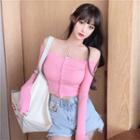 Off-shoulder Long-sleeve Button Knit Cropped Top Pink - One Size