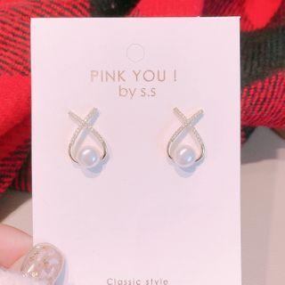 Faux Pearl Cross Stud Earring 1 Pair - Gold & White - One Size
