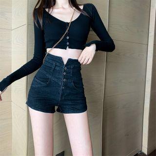 High-waist Button-up Denim Shorts