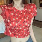 Short-sleeve Flower Print Cropped T-shirt Floral - Red - One Size