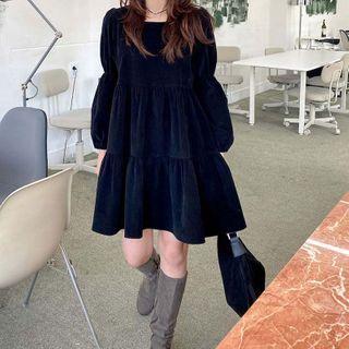 Puff-sleeve Tiered Mini Dress Black - One Size