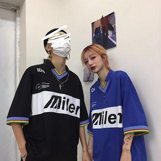 Couple Matching Lettering Color Block Elbow-sleeve Polo Shirt