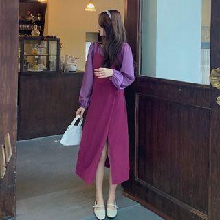 Set: Balloon-sleeve Blouse + Slit Midi A-line Pinafore Dress