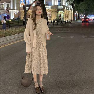 Floral Print Dress + Plain Knit Cropped Cardigan