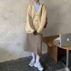 Turtleneck Plain Top / Woolen Front Slit Midi Skirt