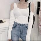 Cold-shoulder Knit Plain Top White - One Size
