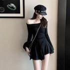 Off-shoulder Shirred Minidress Black - One Size