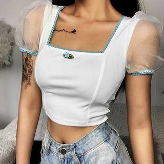 Mesh Panel Puff-sleeve Contrast Trim Cropped Top