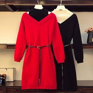 Mock Two-piece Cold-shoulder A-line Knit Dress