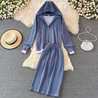 Set: Mock Two Piece Hoodie + Drawstring Midi Skirt
