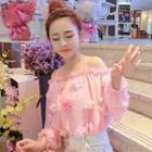 Off-shoulder Flower Detail 3/4-sleeve Top Pink - One Size
