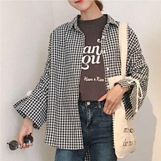 Drawstring-cuff Gingham Blouse