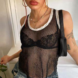 Contrast Trim Fish-net Tank Top