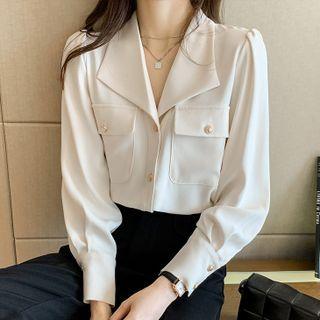 Long-sleeve Open-collar Front Pocket Chiffon Blouse