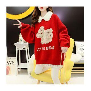 Bear Patterned Fluffy Collar Sweater