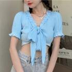 Ruffle Trim Bow-accent Cropped Top Blue - One Size